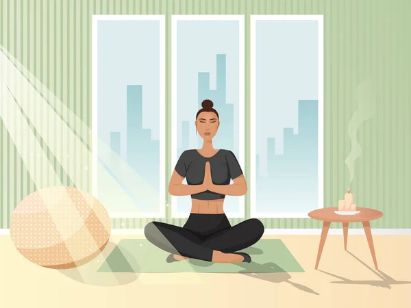 Fille Fait Yoga Dans Une Chambre Avec Grandes Fenêtres Médite — Image vectorielle
