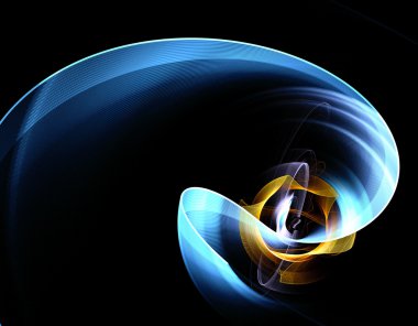 Abstract fractal design.  Blue bend and yellow wheel on black. clipart