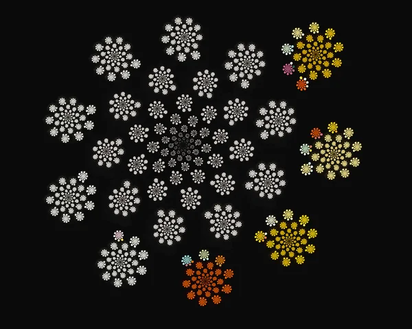 Abstraktes fraktales Design. einige Schneeflocken auf schwarz. — Stockfoto