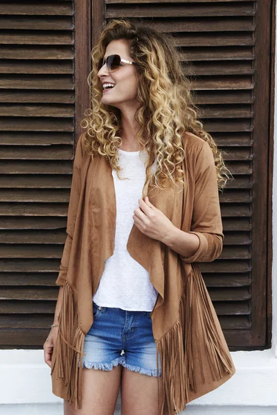 Beautiful woman in suede — Stock Photo, Image