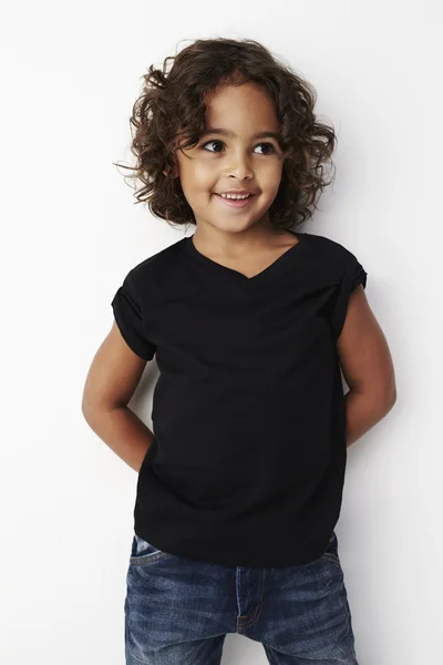 Cute young kid in black t-shirt — Stock Photo, Image