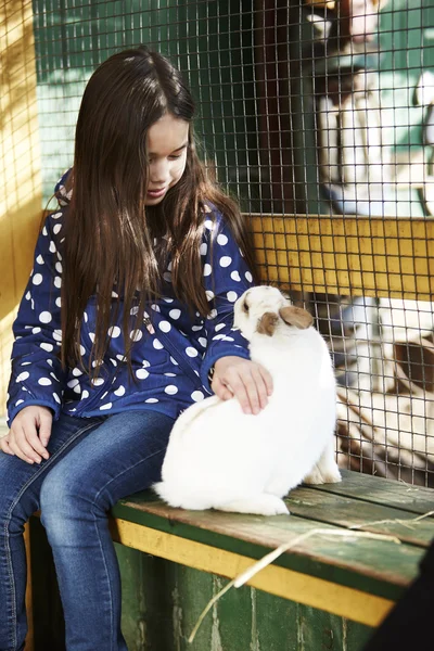 Chica acariciando conejo — Foto de Stock