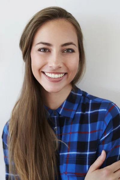 Brown eyed girl in blue checked shirt — Stock Photo, Image