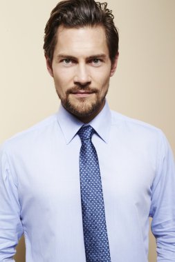 Mavi gömlekli yakışıklı işadamı