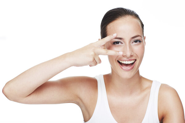 Woman gesturing in studio