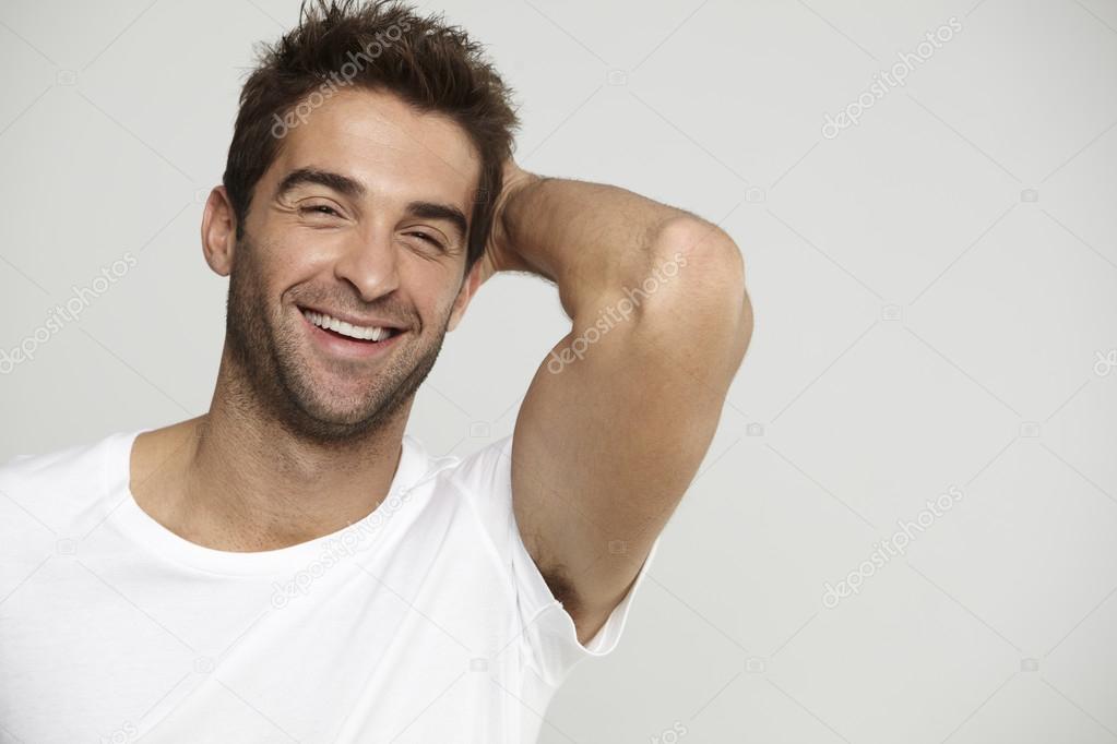 Man in t-shirt laughing