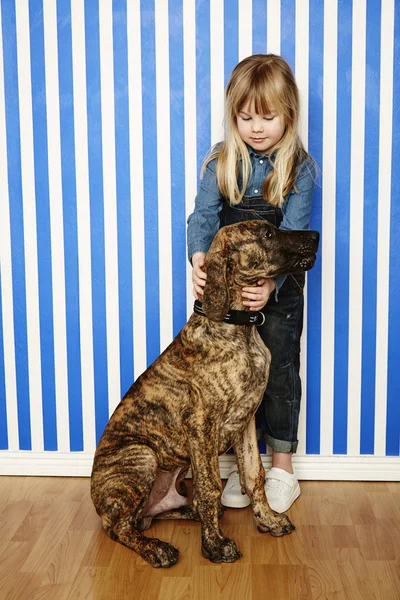 Menina segurando cão grande — Fotografia de Stock