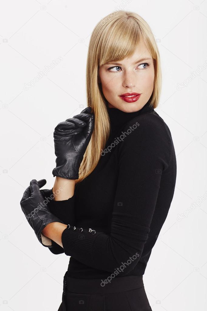 Black gloves on beautiful woman