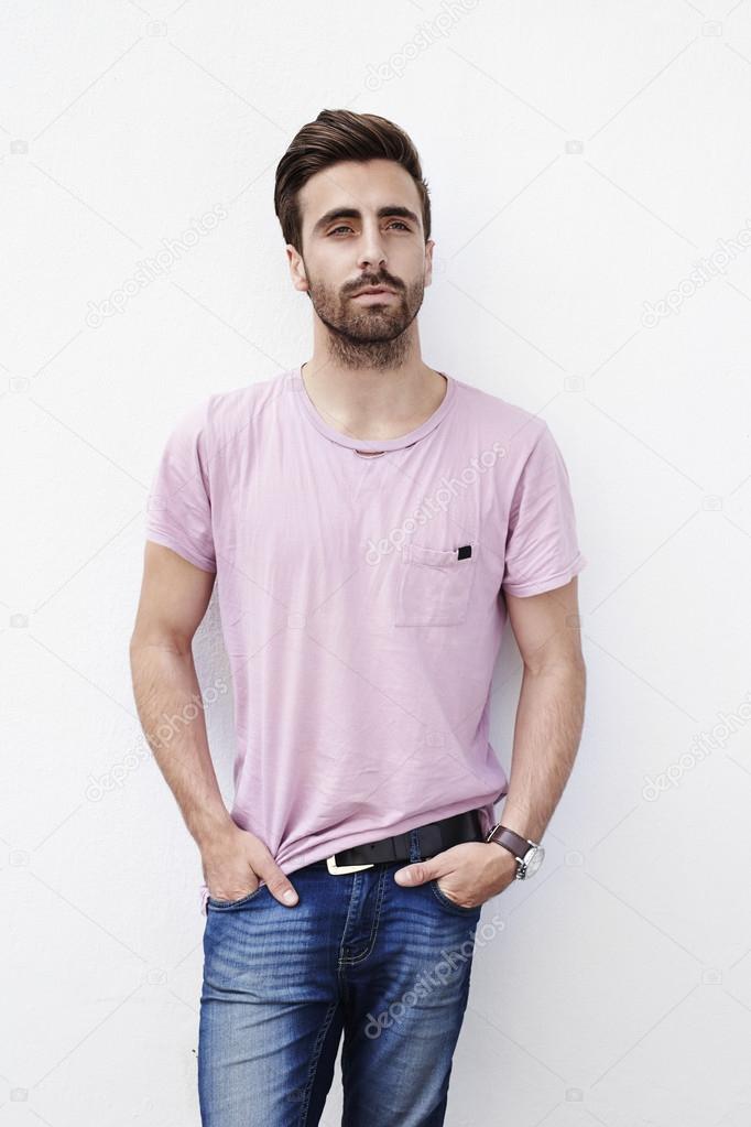 Young man in pink t-shirt