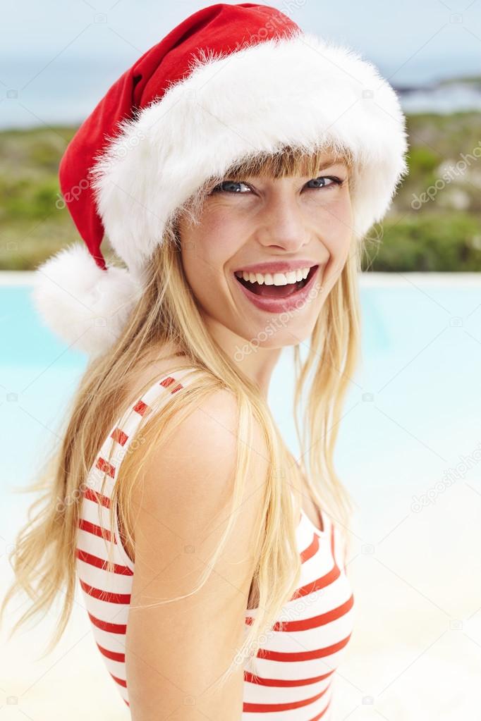 Young model in Santa hat