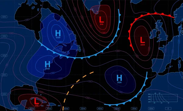 天気予報マップ 暗い背景に気象概念 ベクターイラスト — ストックベクタ