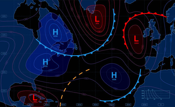 Weather forecast map. Meteorological concept on dark backgrounds. Vector illustration.