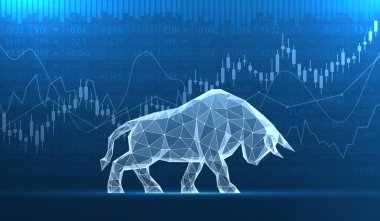 Küresel finans piyasalarında büyüyen bir eğilim kavramı. Hisse senetlerinin arka planında cam boğa. Borsa ve iş finansmanı. Vektör illüstrasyon arkaplanı.