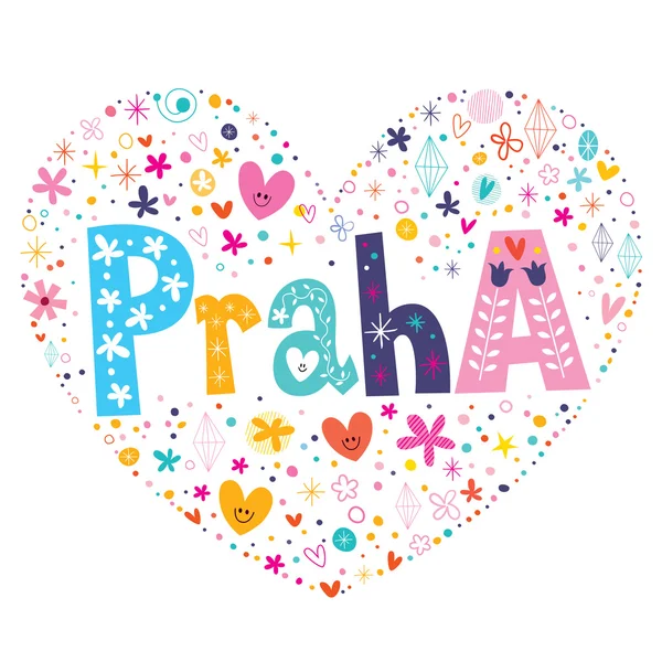 Praha - Praga coração em forma de tipo de desenho vetorial lettering — Vetor de Stock