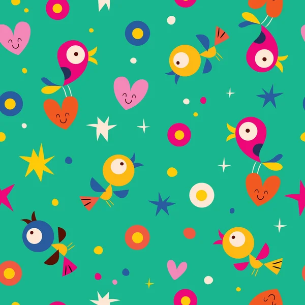 Cute hearts birds flowers seamless pattern — Stock Vector