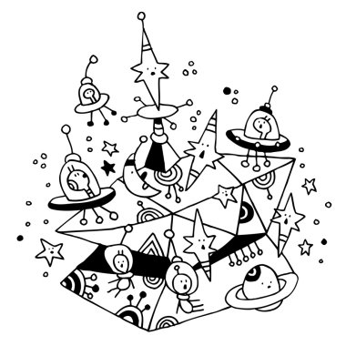 Uzay yıldız gezegenler cosmos space karikatür illüstrasyon yabancılar