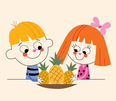 küçük bir çocuk ve ananas ile küçük kız