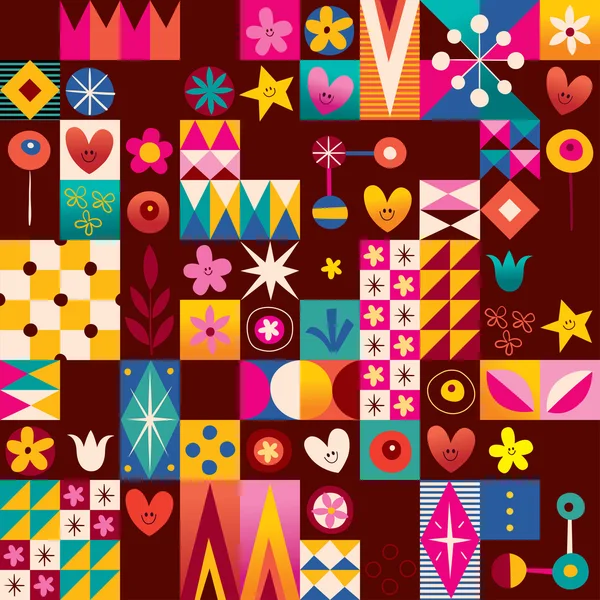 Hearts, stars and flowers retro art pattern — Stock Vector