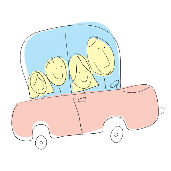 Familia de cuatro en un coche — Vector de stock