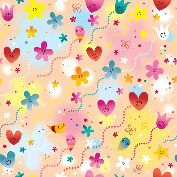 Coeur, fleurs et étoiles motif sans couture — Image vectorielle
