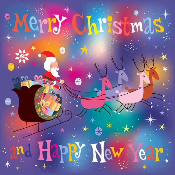 Père Noël et son traîneau volant Joyeux Noël et bonne année Carte de voeux — Image vectorielle