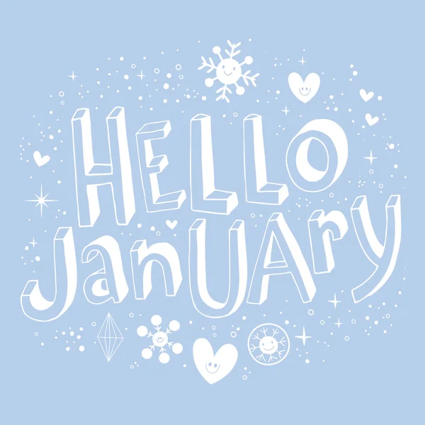 Hallo januari unieke hand belettering — Stockvector