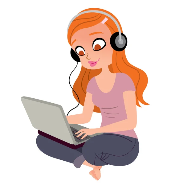 Pretty girl with headphones and laptop — Stock Vector