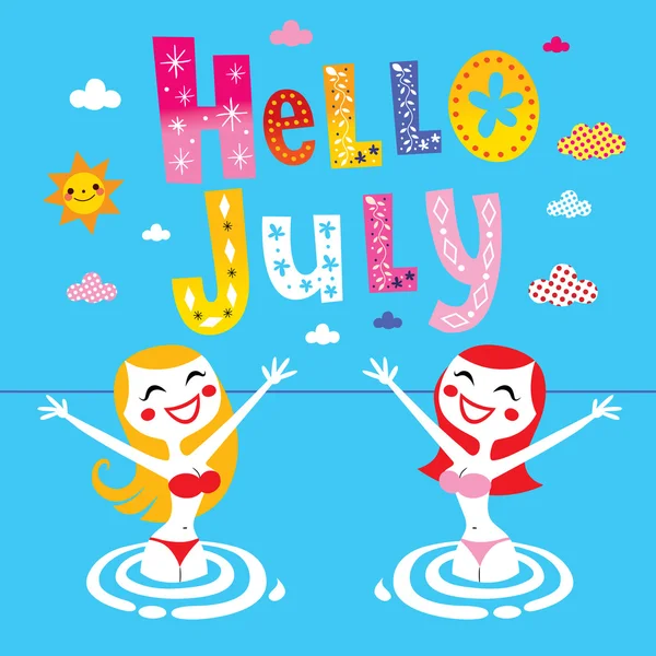 Hello July summer unique lettering design with cute girls — Stock Vector