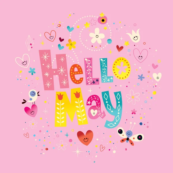 Hallo Mai einzigartiger Schriftzug mit Blumen und Herzen Frühling Grußkarte — Stockvektor