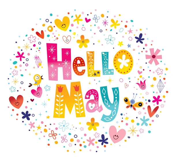Mayıs Kalpler ve çiçekler bahar tasarımı ile benzersiz yazı Merhaba — Stok Vektör