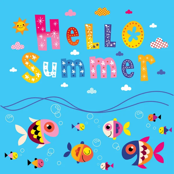 Привіт літо унікальний дизайн написання з рибою, морем, хмарами, сонцем — стоковий вектор