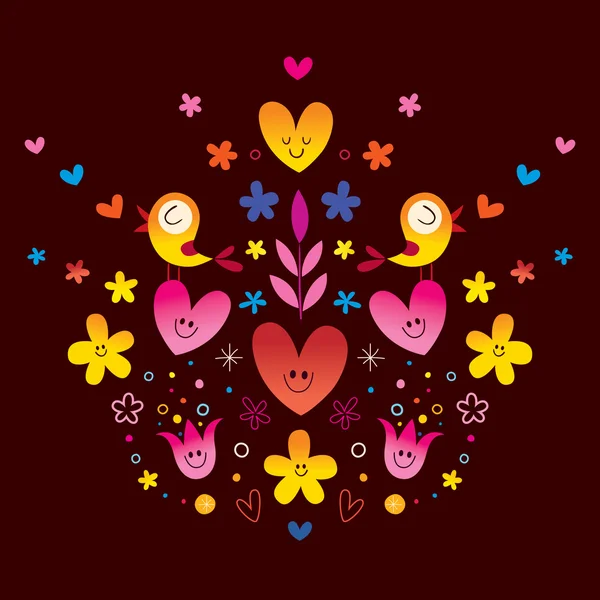 Flores, corazones y pájaros naturaleza amor ilustración — Vector de stock