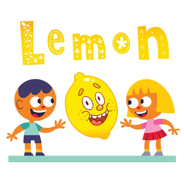 Lindo personaje mascota de limón con niños — Vector de stock