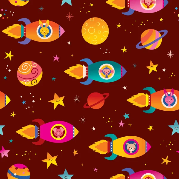 Cute animals in spaceships kids space seamless pattern — Stock Vector