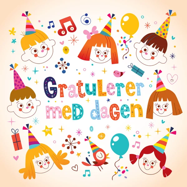 Gratulerer med dagen Feliz cumpleaños en la tarjeta de felicitación para niños noruegos — Vector de stock