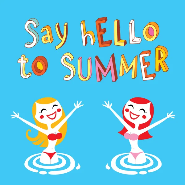 Say hello to summer lettering design with pretty girls — Stock Vector