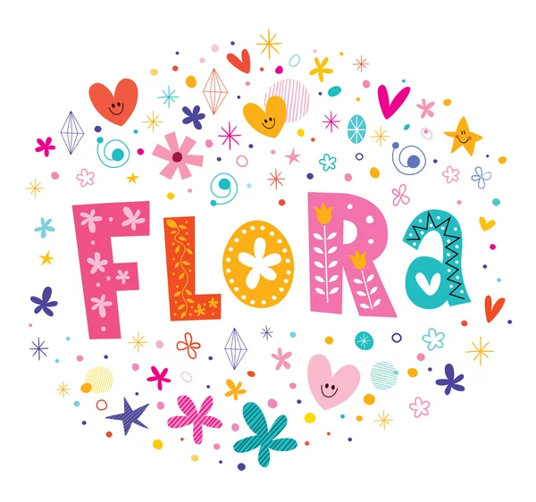 Flora lányok neve dekoratív betűkkel típusterv — Stock Vector
