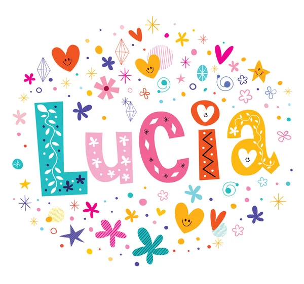 Lucia lányok neve dekoratív betűkkel típusterv — Stock Vector