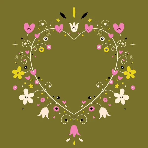 Coração moldado moldura decorativa ornamental com flores — Vetor de Stock