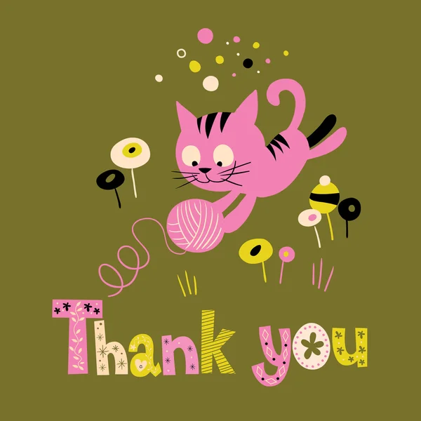 Thank you card with cute kitten playing — Stock Vector