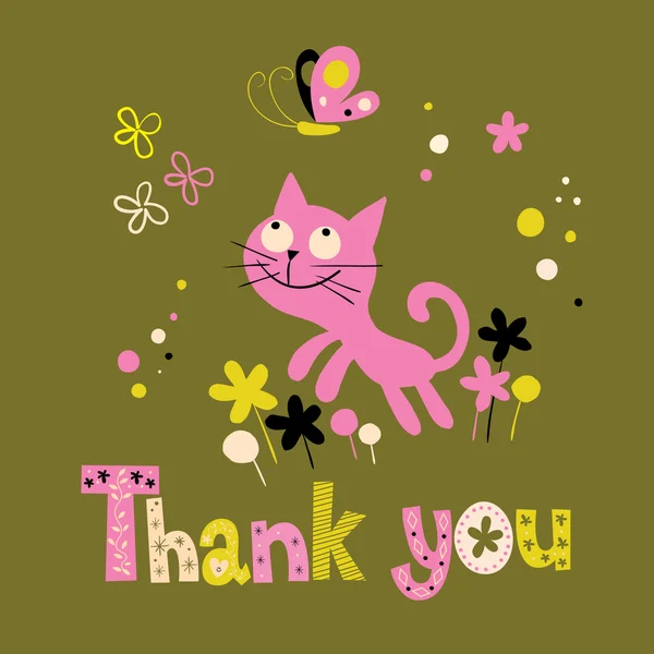 Thank you card with cute kitten and butterfly — Stock Vector