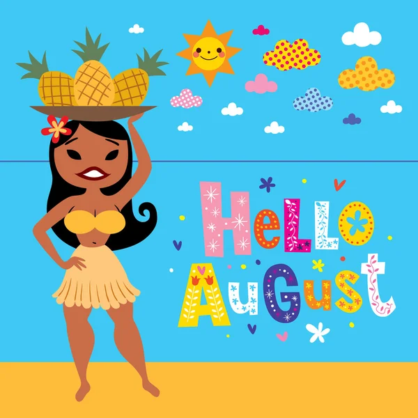 Hello August greeting card with pineapple hula girl on the beach — Stock Vector