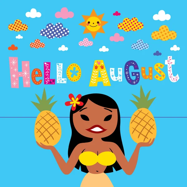 Hello August greeting card with beautiful hula girl — Stock Vector