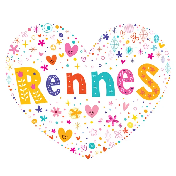 Ville rennaise en France dessin vectoriel typographique en forme de coeur — Image vectorielle