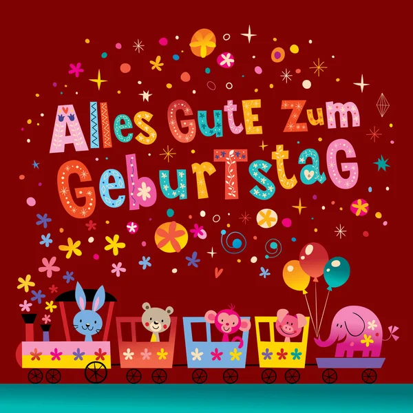 Alles Gute zum Geburtstag Deutsch German Feliz cumpleaños tarjeta de felicitación con animales lindos — Vector de stock