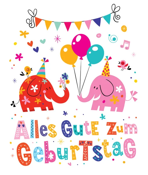 Alles Gute zum Geburtstag Deutsch German Happy birthday greeting card with cute elephants — Stock Vector