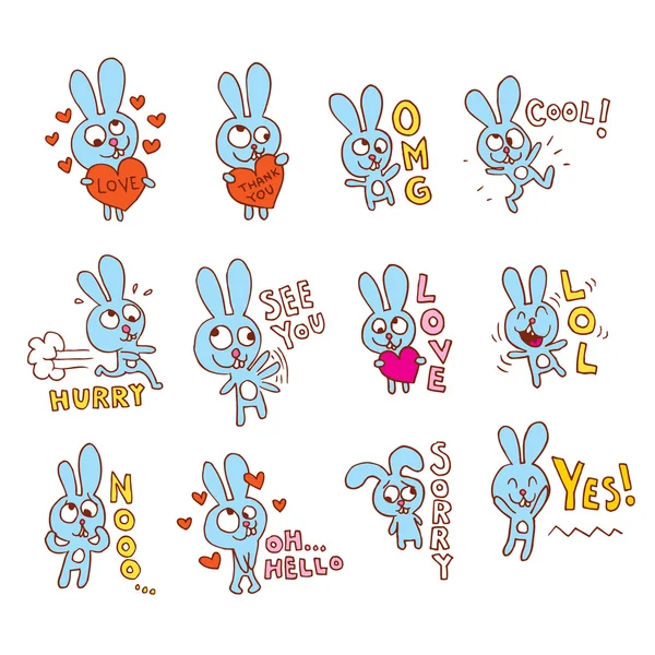 Cute bunny character emoticons stickers set — Stock Vector