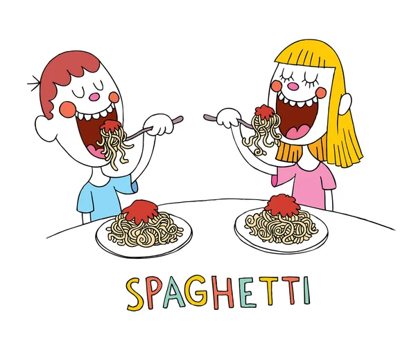 Jongen en meisje eten spaghetti — Stockvector