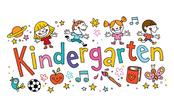 Kindergarten unique hand lettering with kids — Stock Vector