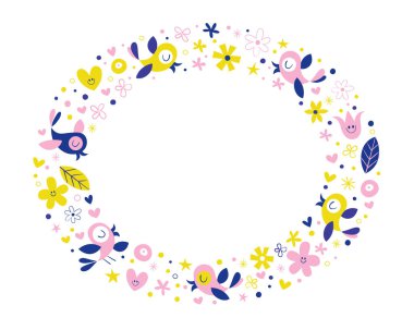 Sevimli kuşlar kalpler ve çiçekler çerçevesi